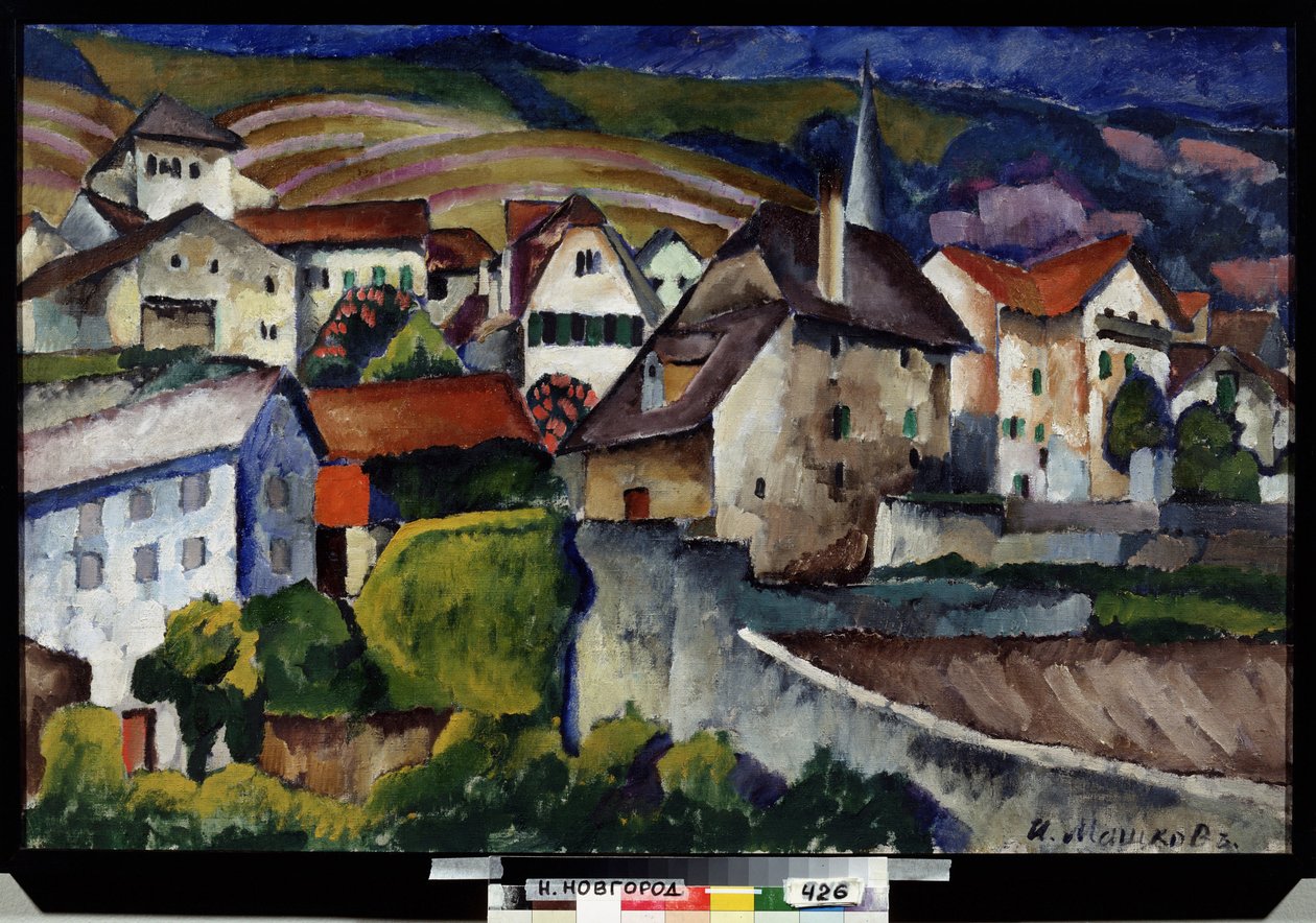 スイスの小さな町。 Ilya Ivanovich Mashkov（Ilia Mashkov、Matchkov）（1881-1944）による絵画、キャンバスに油彩 作： イリヤ・イワノビッチ・マシュコフ