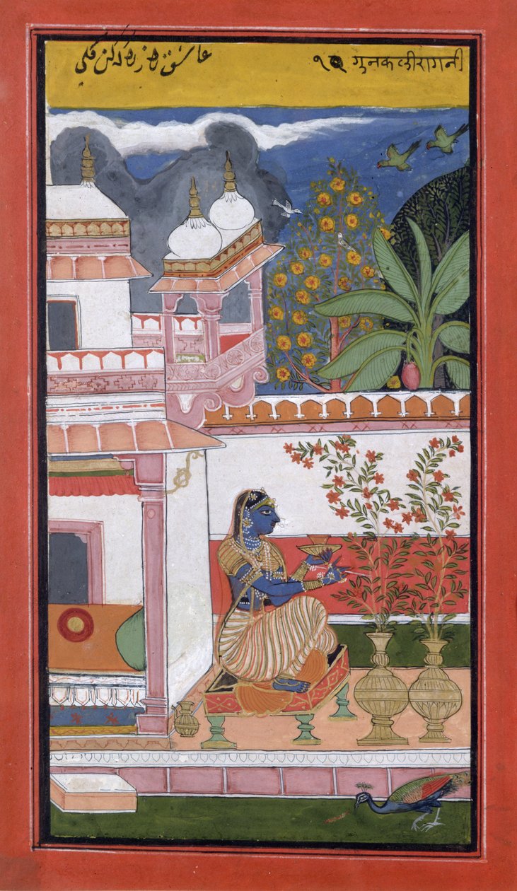 鉢から花を摘む女性、ブンディ、ラージャスターン、ラージプート学校、1680年頃、 作： インドの学校
