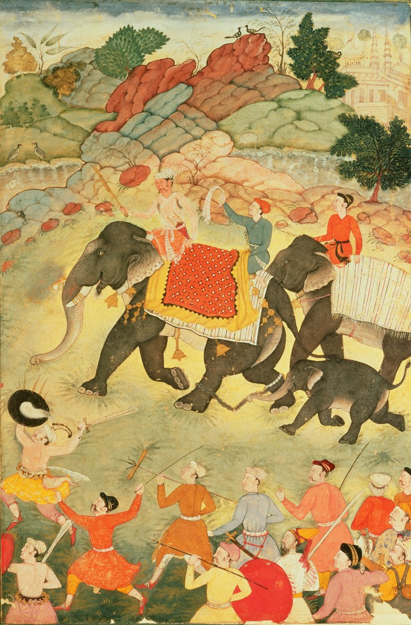 象狩りのパーティー、ムガール、1615年頃（紙にテンペラ） 作： インドの学校