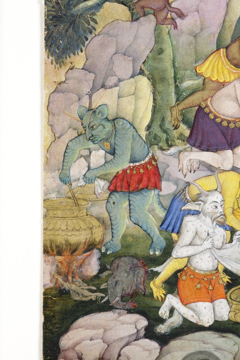 野生の風景の中の悪魔の詳細、1600年頃（紙に不透明なトイレと金） 作： インドの学校