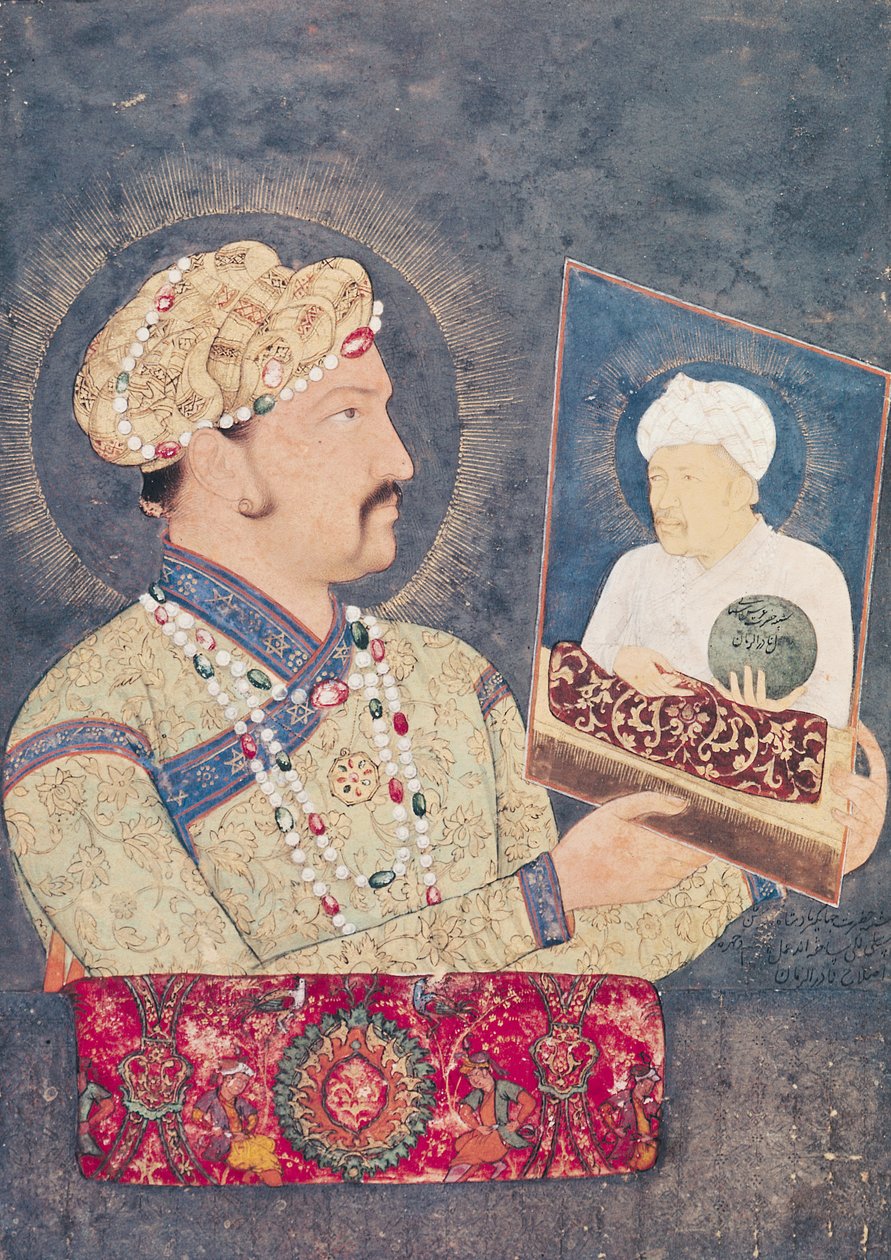 皇帝ジャハンギル（1569〜1627）、アクバル皇帝（1542-1605）の肖像画を保持 作： インドの学校