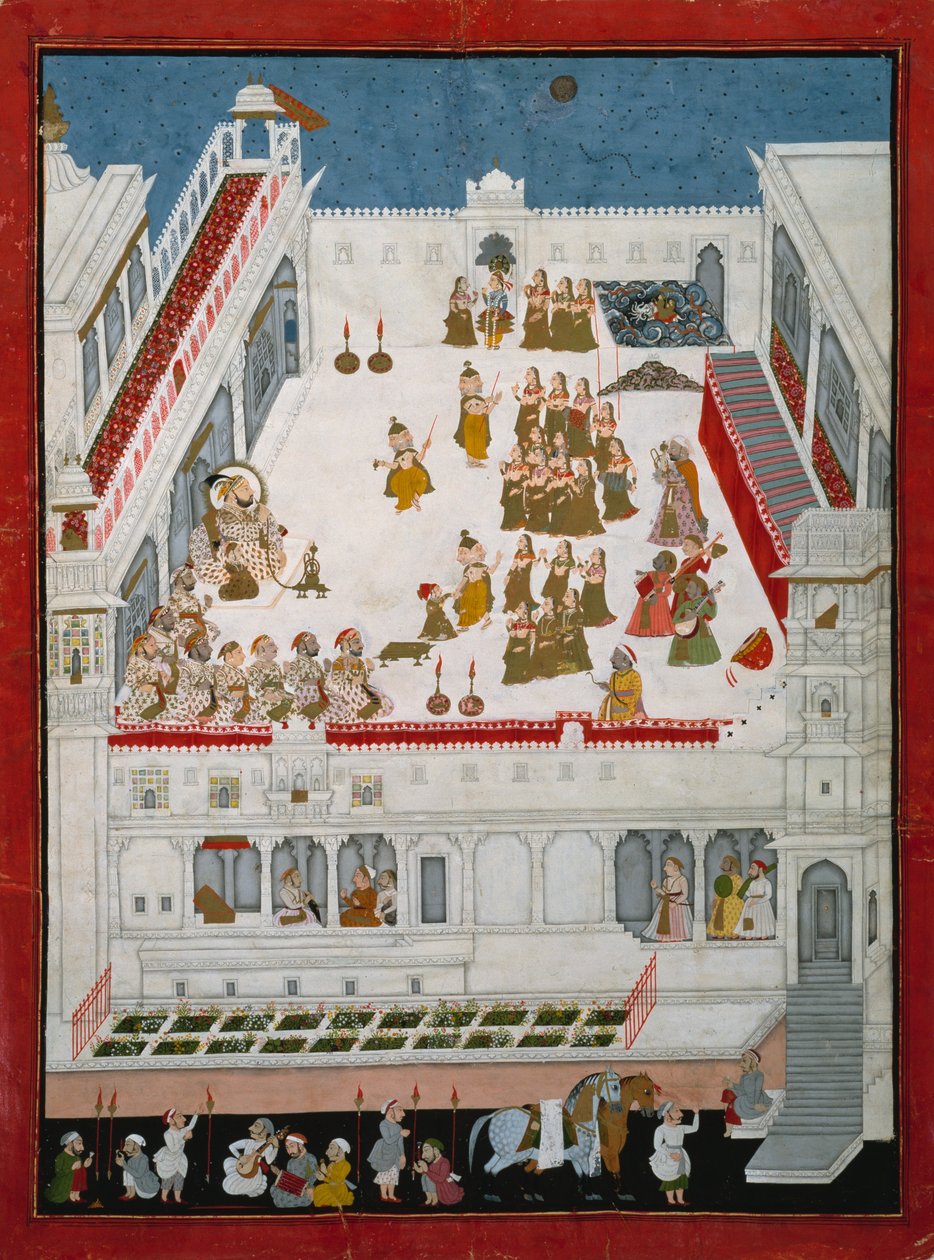 マハラナジャガットシンIIとラスリラダンスドラマを見ている貴族、c.1736-40（紙に不透明なトイレと金） 作： インドの学校
