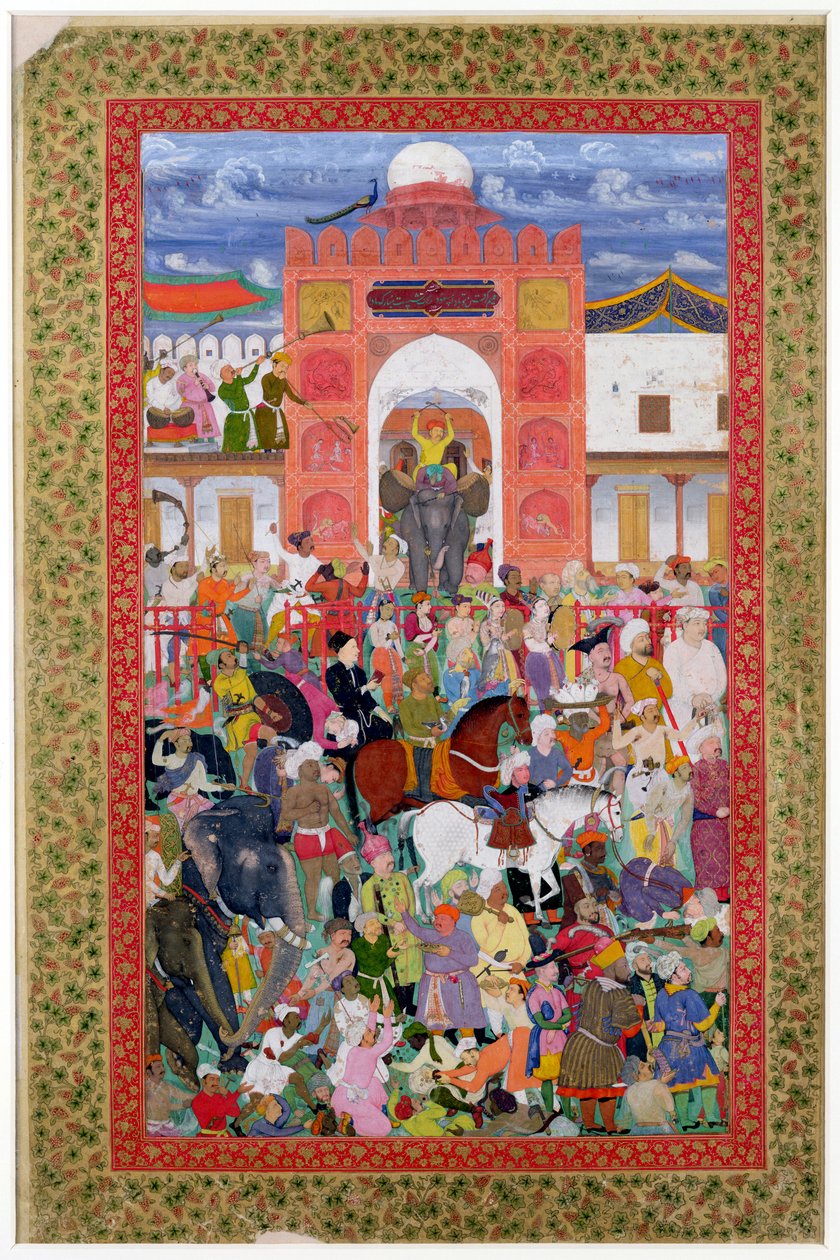Ms E-14 fol.21aジャハンギール皇帝の戴冠式の際の祝祭（1569-1627）1605 作： インドの学校