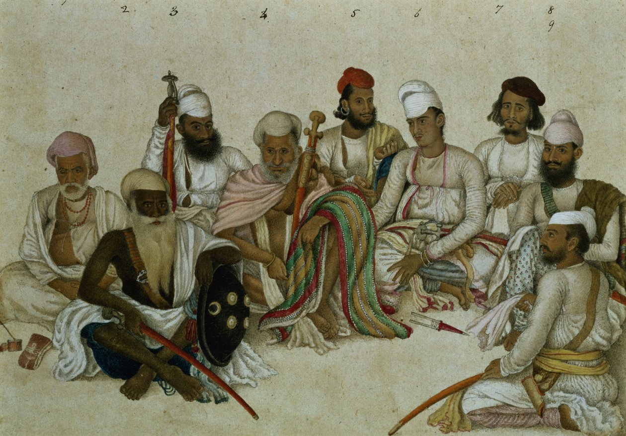 ラジャパティアーラの9人の廷臣と使用人、1817年頃（紙と鉛筆） 作： インドの学校
