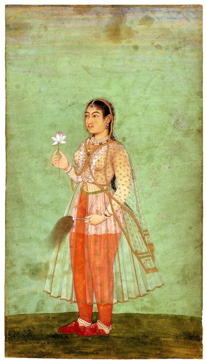 花とフライの泡立て器を持つ女性、c.1630 作： インドの芸術