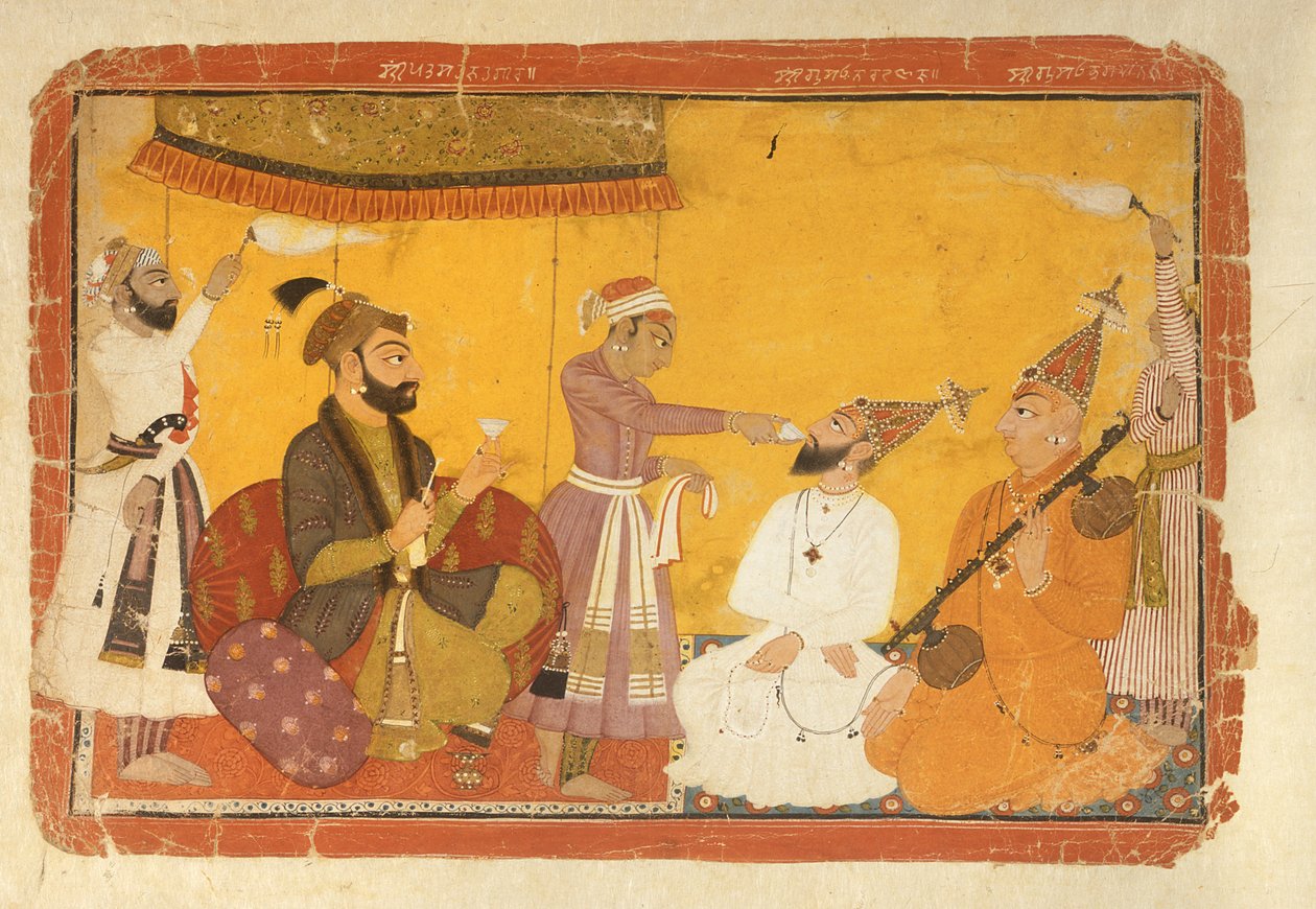 ] 7.110359 Gosain Narayanは、1725年、Pahari学校、Nurpur、Jahangir皇帝の前で毒を飲みます。 作： インドの学校