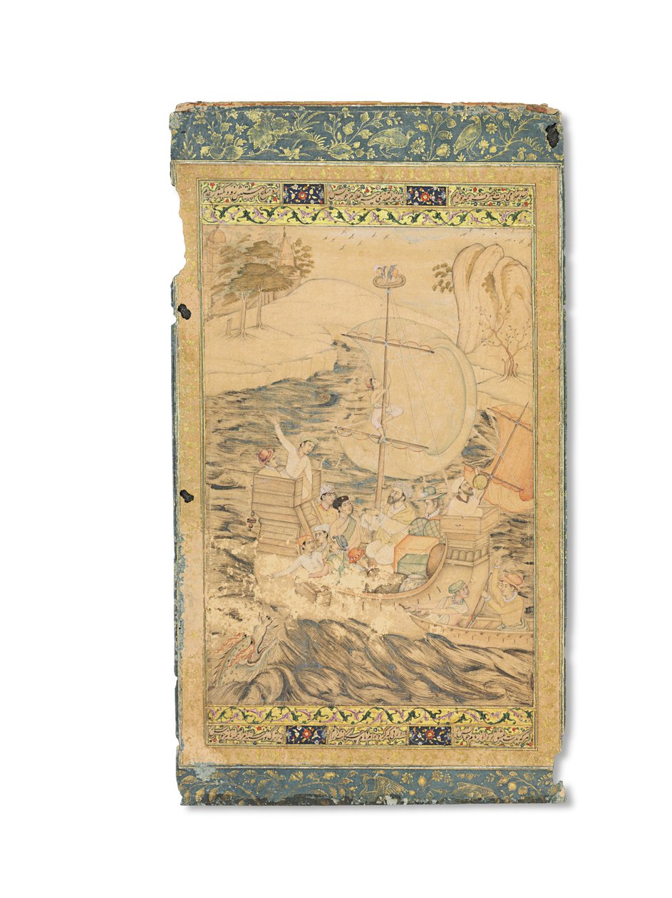 海の怪物に襲われたキャラベル船、ムガル帝国、1590年頃（紙に金と銀で強調された不透明な顔料） 作： インドの学校