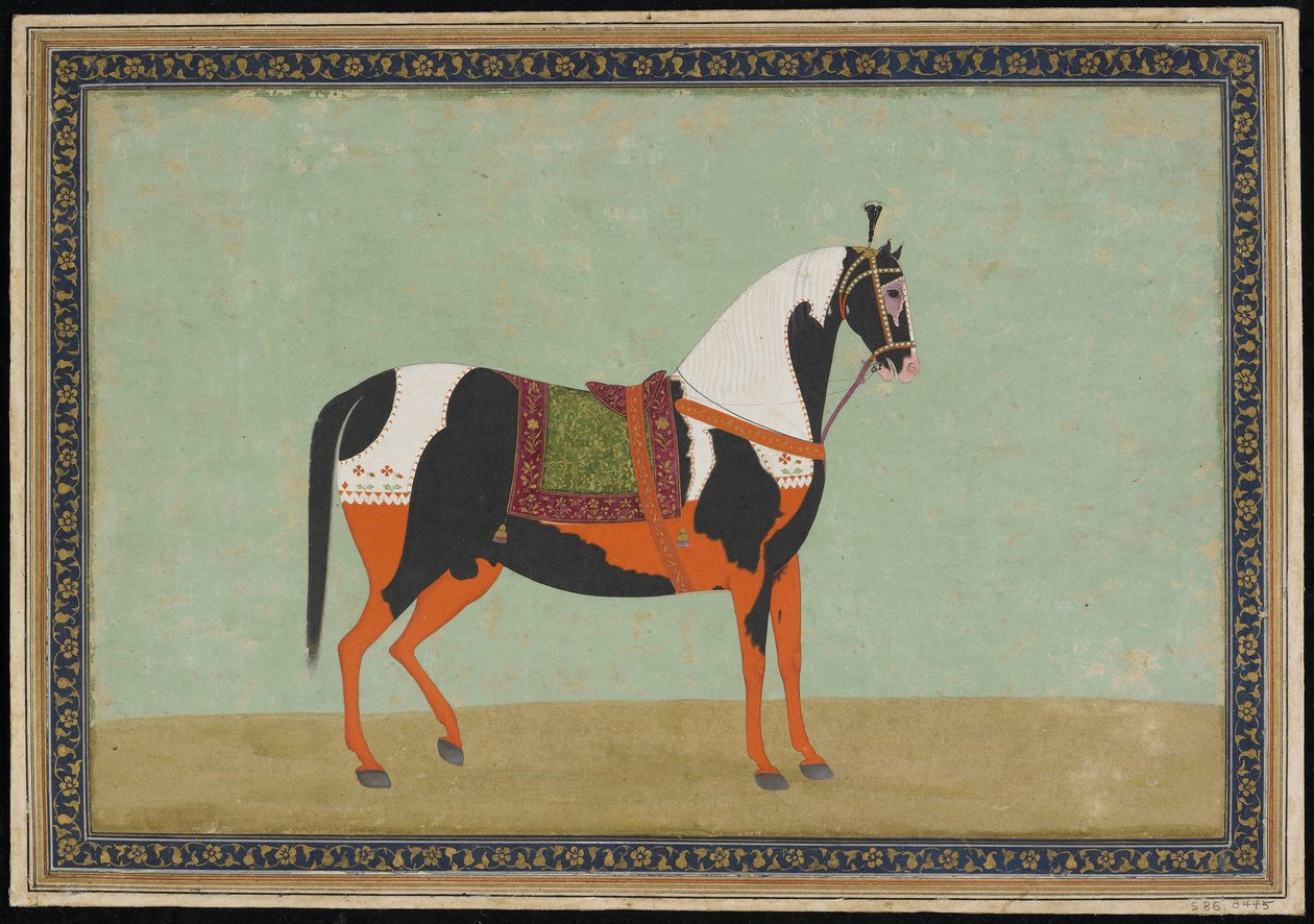 19世紀の馬、アルバムフォリオ（不透明な水彩画と紙の上の金） 作： インドの学校