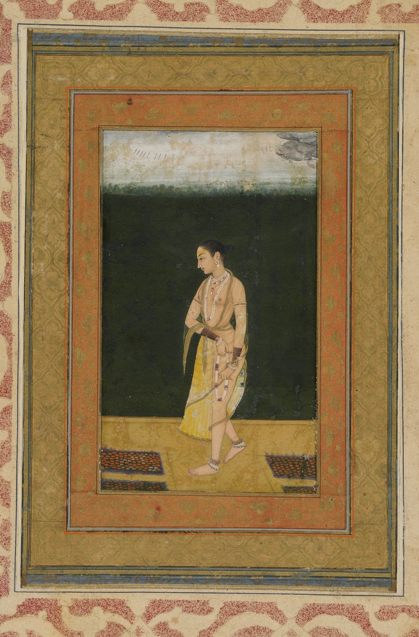 庭を歩く婦人、絵画付きアルバムフォリオ、c.1730 作： インドの学校