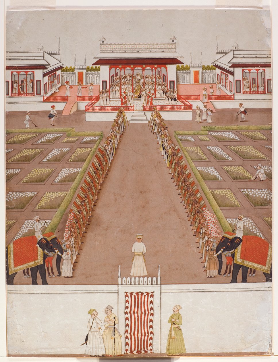 パビリオン内の保持者と2頭の象の道を越えたNawabの法廷、c.1765（不透明なトイレと紙の上の金） 作： インドの学校