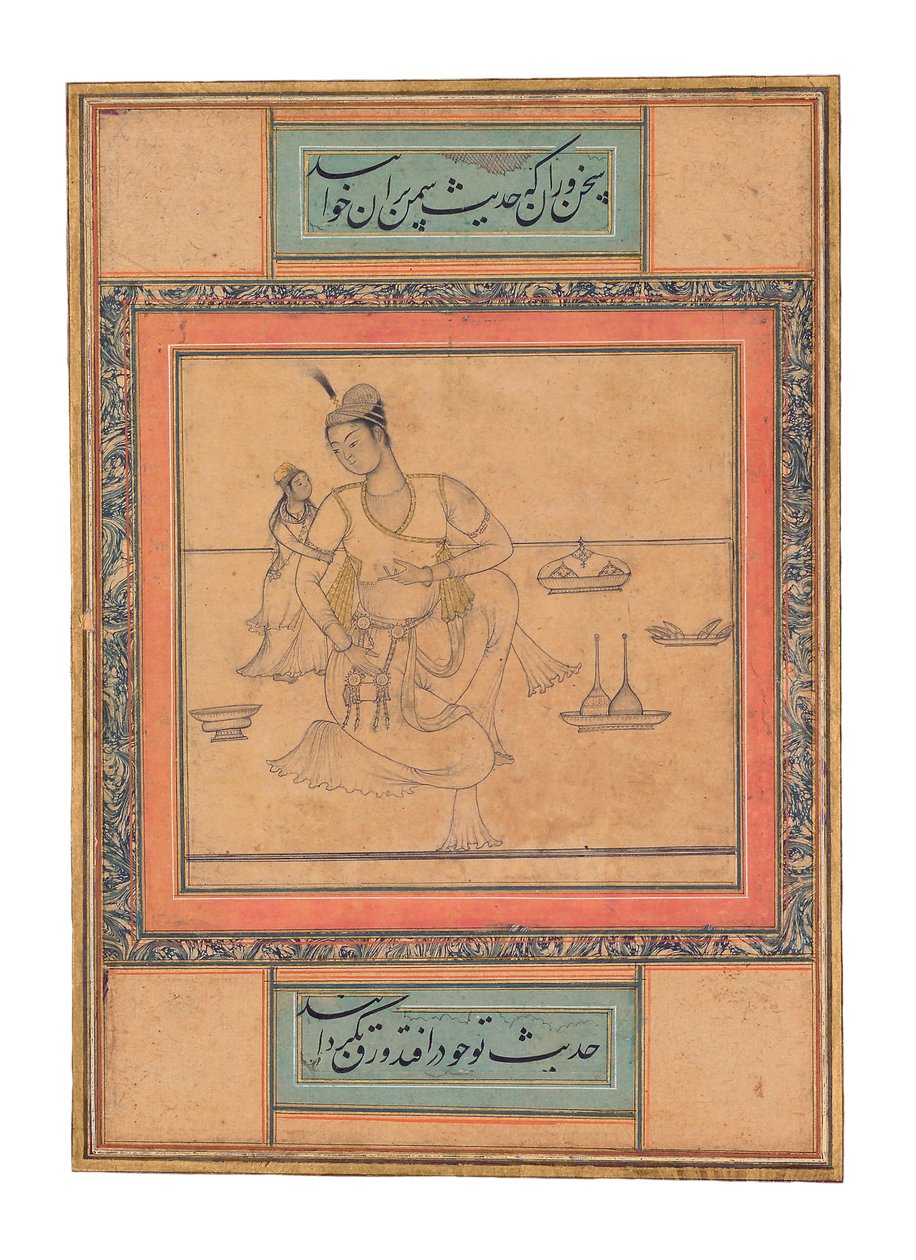 家族の設定での若い王子、c.1600（不透明な水彩画と金） 作： インドの学校