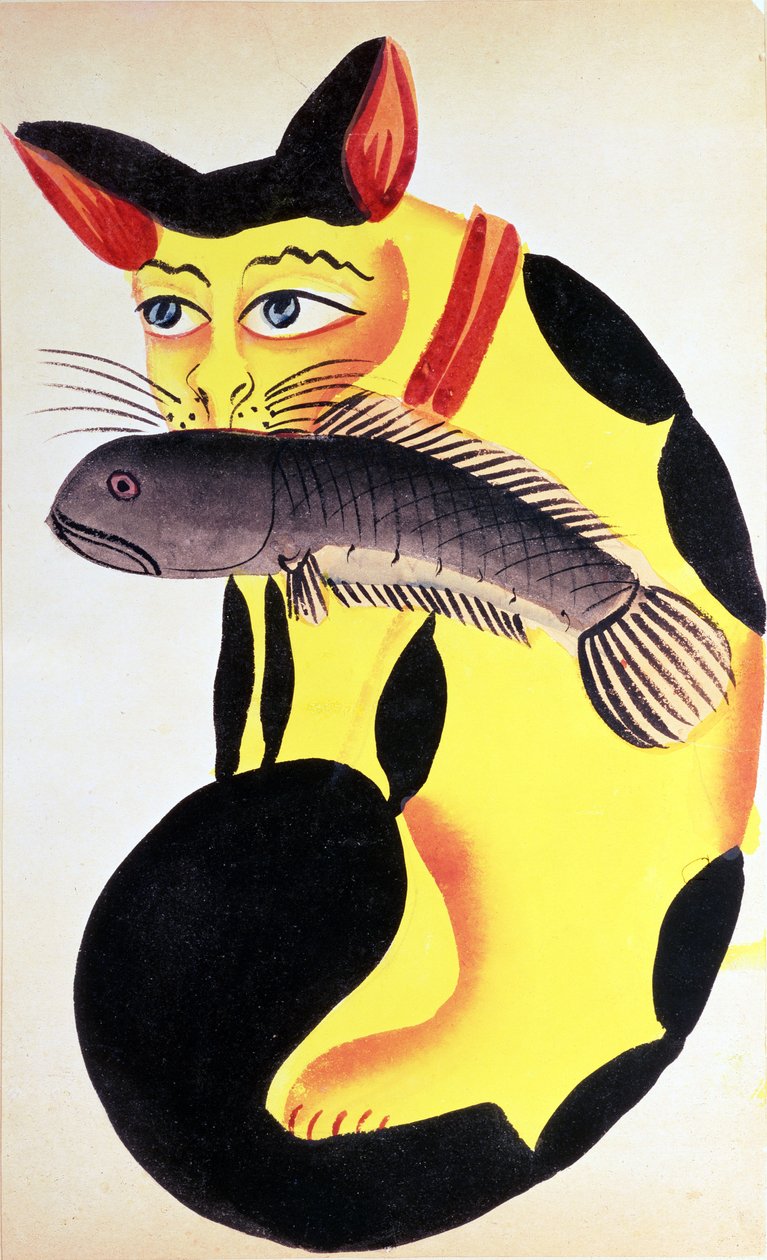 Rudyard Kiplingコレクション、カルカッタ、1890年頃、口の中に魚がいる猫（紙にトイレ） 作： インドの学校