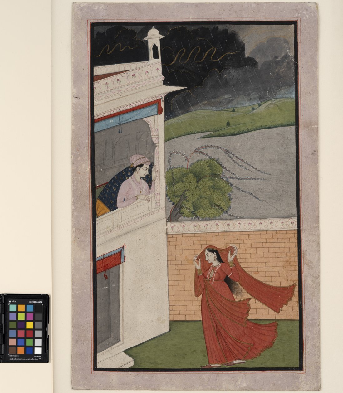 1830年頃の暴風雨の中で女性が恋人の家にやってくる（不透明なw - cと紙に金） 作： インドの学校