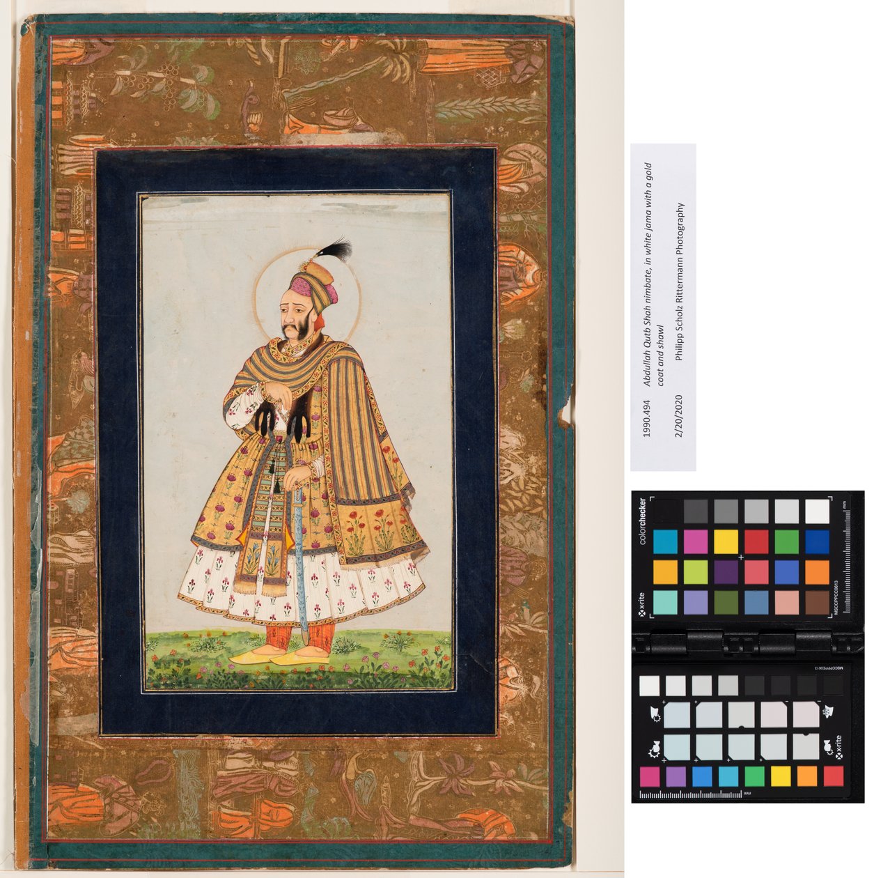 Abdullah Qutb Shah nimbate、ゴールドのコートとショールが付いた白いジャマ、1680年頃（不透明な水彩画と紙にゴールド） 作： インドの学校