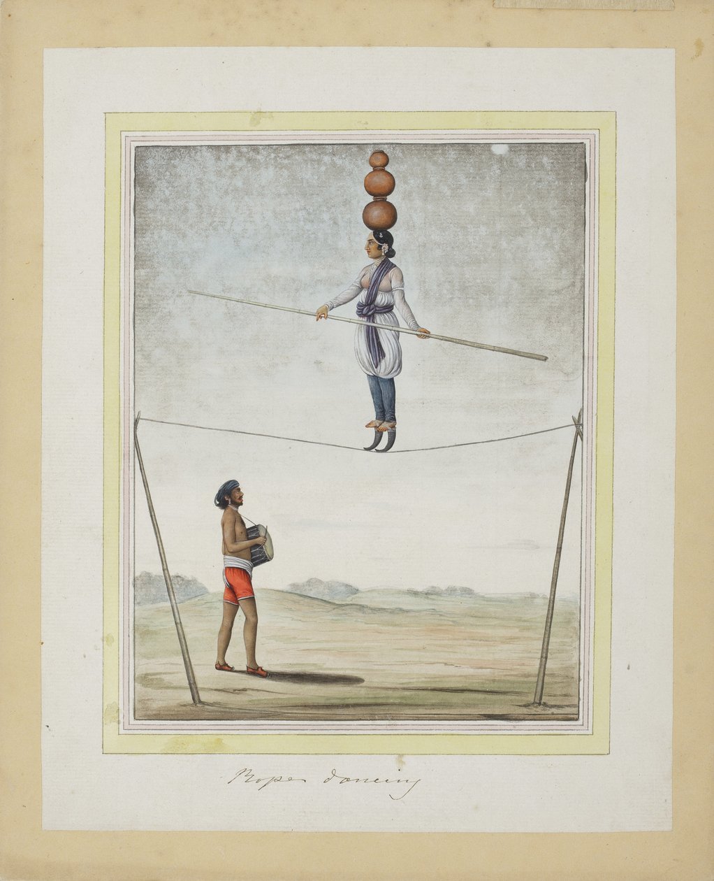綱渡りのアクロバット、下のドラマー、c.1820（紙に不透明なトイレ） 作： インドの学校
