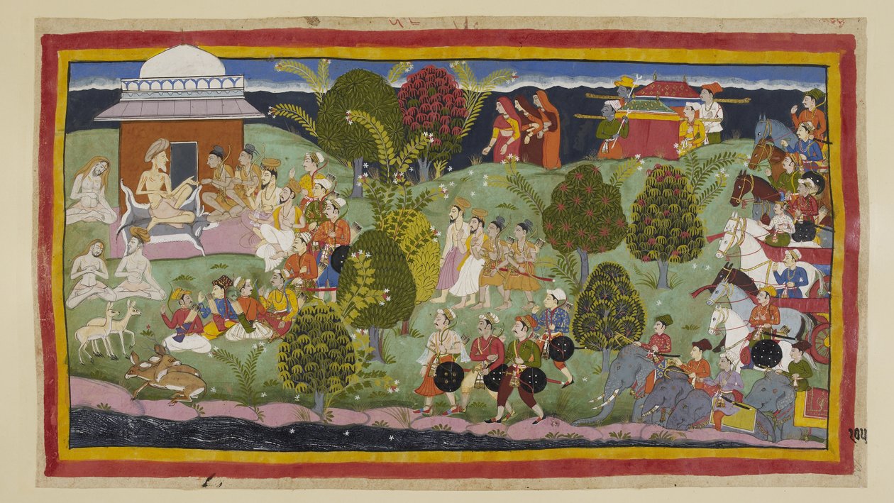 Add 15296 (1) f.105r. 2 人の王子、バラモン、牧師が徒歩でバラドヴァイジャの庵に近づき、3 人の女王が地平線の向こうに離れたところにいて、その後にその子が続きます。 象と戦車を持った軍隊が後ろで待っています。 上に 作： インドの学校