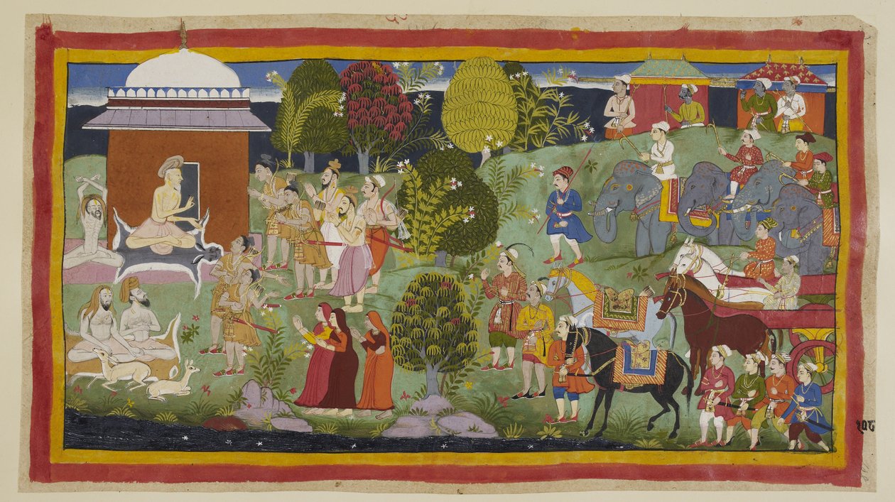 Add 15296 (1) f.108r、Bharadvaja は他の修行者や鹿と一緒に小屋の外に座り、王子たちに彼のもてなしを楽しんだかどうか尋ねます。 彼は彼らとその仲間に、ラーマがシトラクタに住んでいることを伝えます。 彼の要求で、王子の紹介 作： インドの学校