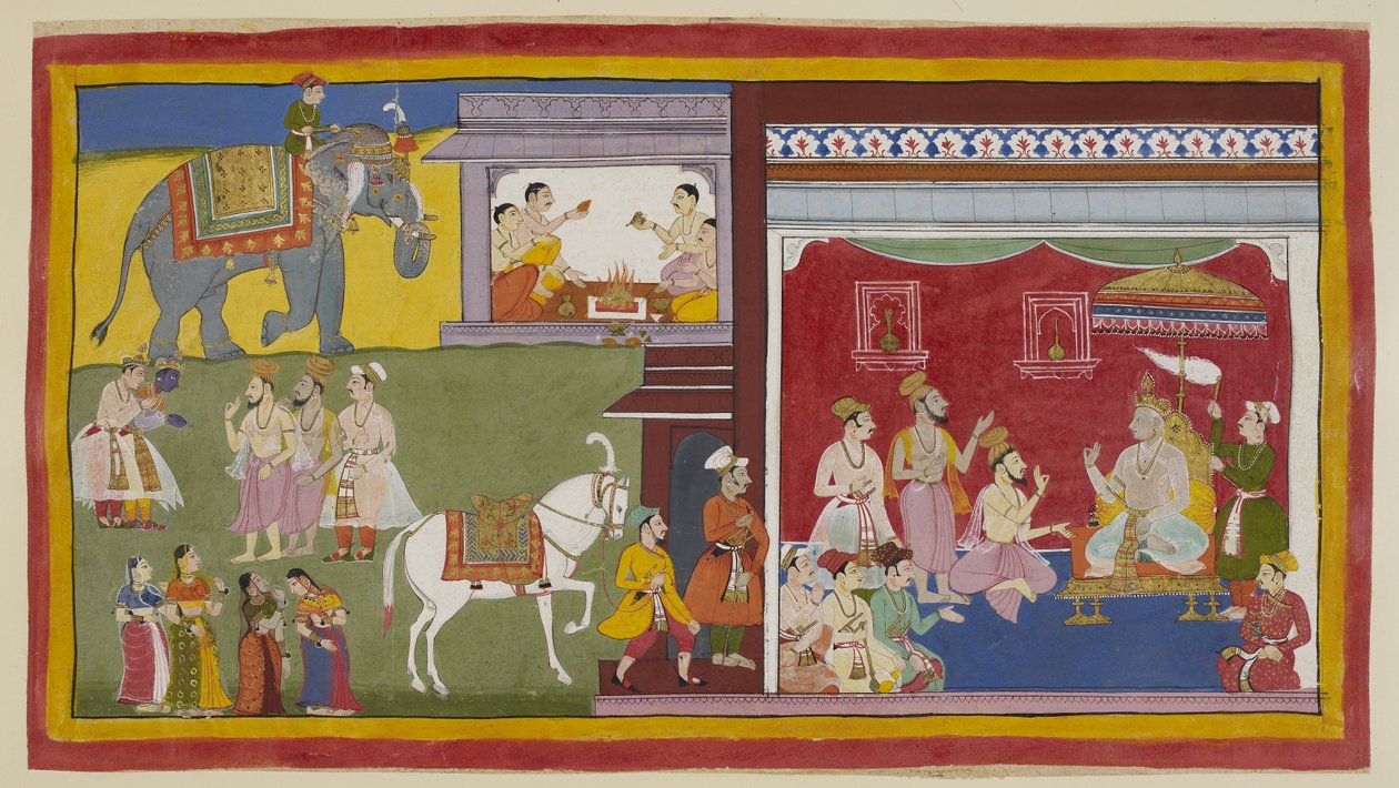 追加 15296 (1) f.11r、ダルバールに即位したダシャラタは、バラモンのヴァシスタとヴァマデヴァ、そして大臣のスマントラに、王位を摂政としてラーマに譲る意向を告げる。 左側では、これら 3 人がラーマとラクシュマナを召喚します。 上で、4 つのバラモンが始まります 作： インドの学校