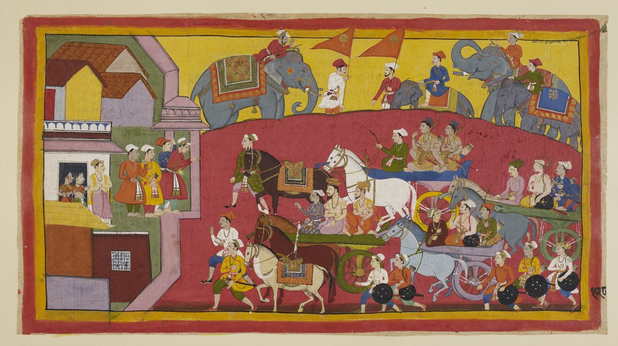 Add 15296 (1) f.128r, Vasistha と王子たちの戦車が、さまざまな大臣や人々を伴ってナンディグラマの町に入る。 作： インドの学校