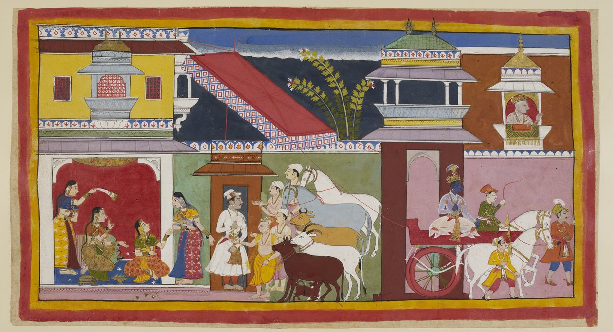 追加 15296 (1) f.13r、右側では、ラーマが戦車に乗ってダシャラタの宮殿を離れ、自分の宮殿に戻ります。上の王は、じゅうたんを敷いたジャロカの窓から、旅立つ息子を見つめています。 左側は、ラーマの昇格のニュースを女王 K に伝える男性たちです。 作： インドの学校