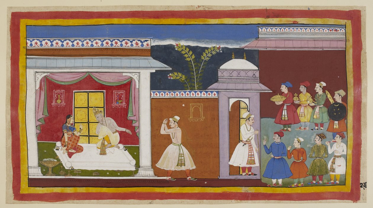 追加 15296 (1) f.27r. Vasistha は、Sumantra にすべての準備ができていることを伝えるように言い、彼は Dasaratha にこれを知らせます。 彼は、ダシャラタの静かな同意を得て、カイケーイーからラーマを連れてくるように言われました。 宮殿の入り口を出て右側、市民とその他の注意事項 作： インドの学校