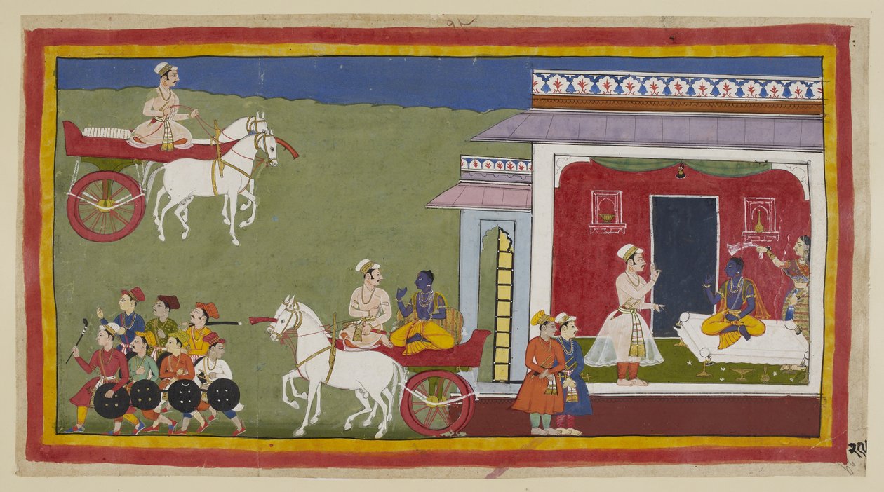 追加 15296 (1) f.29r、スマントラは馬車に乗ってラーマの宮殿に到着し、ラーマがソファに座っているのを発見します。ラーマは以前の現代的な衣装ではなく、黄色のドーティとウッタライヤを着ており、シーターが彼の上にスカーフを振っています。 彼の額は赤い s で塗られています。 作： インドの学校