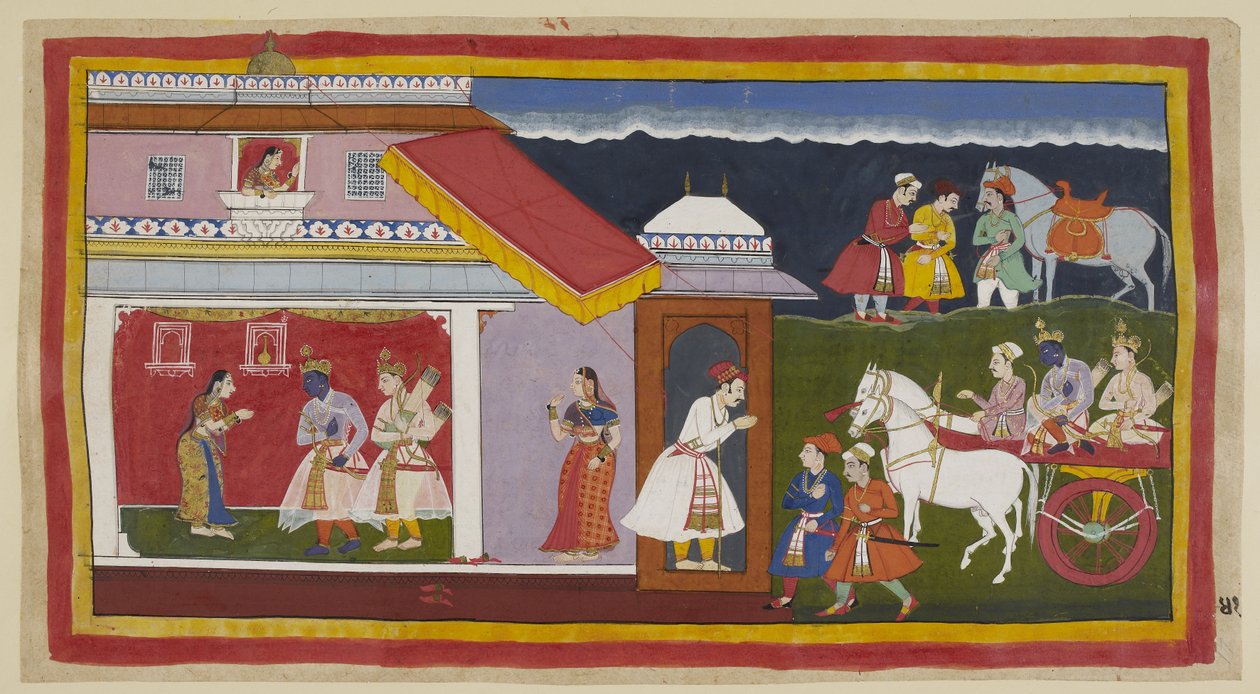 追加 15296 (1) f.41r、最終的に母親と兄弟に自分の運命を冷静に受け入れるよう説得した後、ラーマとラクシュマナは馬車に乗って自分の宮殿に戻り、ラーマはいつものように謙虚に頭を下げました。 彼らは、Uから彼を最初に発見したSitaによって満たされます 作： インドの学校