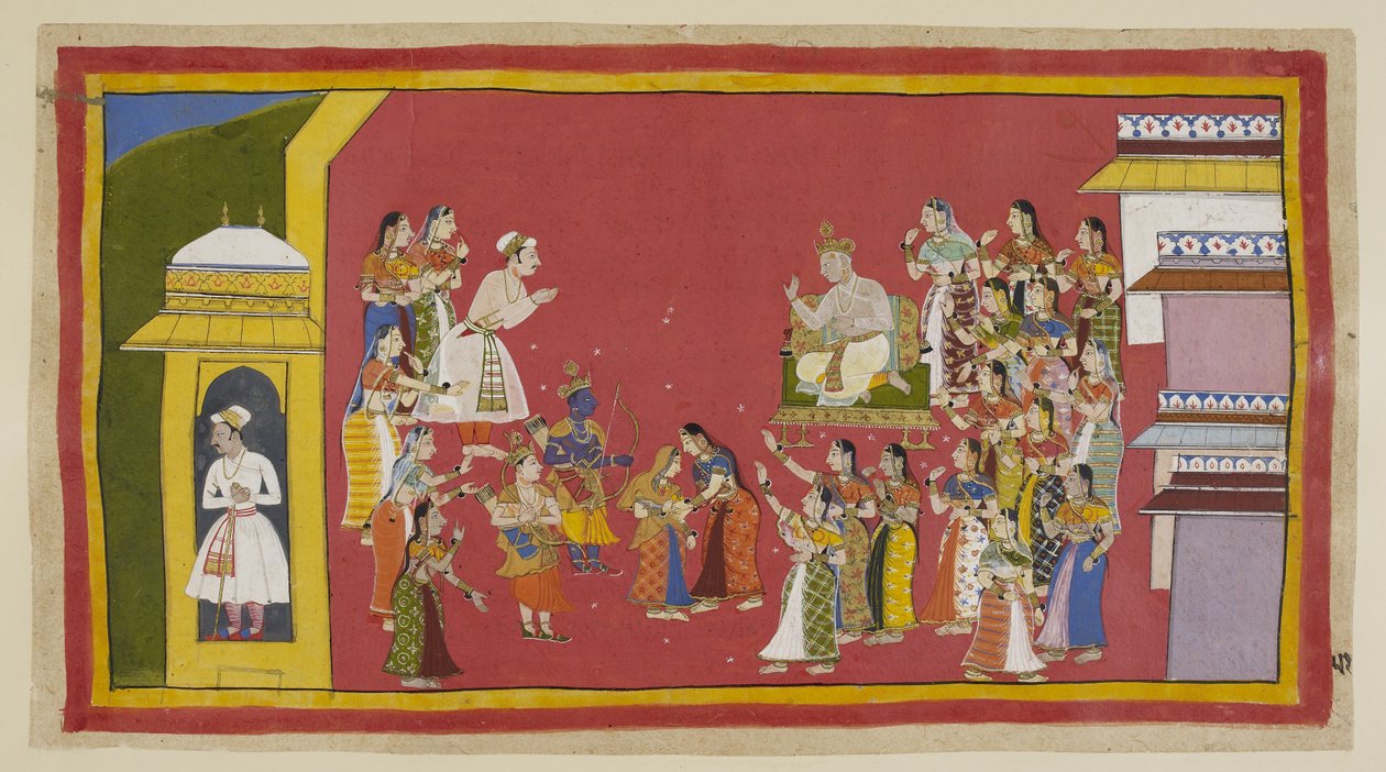 15296 (1) f.51r を追加します。他の人がカイケイーに理由をつけようとしましたが、無駄でした。 ダシャラタはラーマにしばらく遅らせるように促しましたが、ラーマはこれ以上出発を延期しないという決意を固めました。 彼が持っていくものはすべて 作： インドの学校
