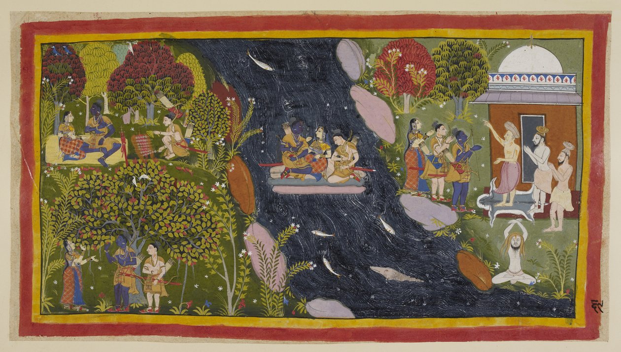 追加 15296 (1) f.69r、Bharadvaja は、彼の庵の右側にいて、旅行者に Citrakuta への道を助言しています。 中央では、彼らは即席の筏でヤムナー川を渡り、シーターは川の女神に安全な帰還を再び祈っています。 作： インドの学校