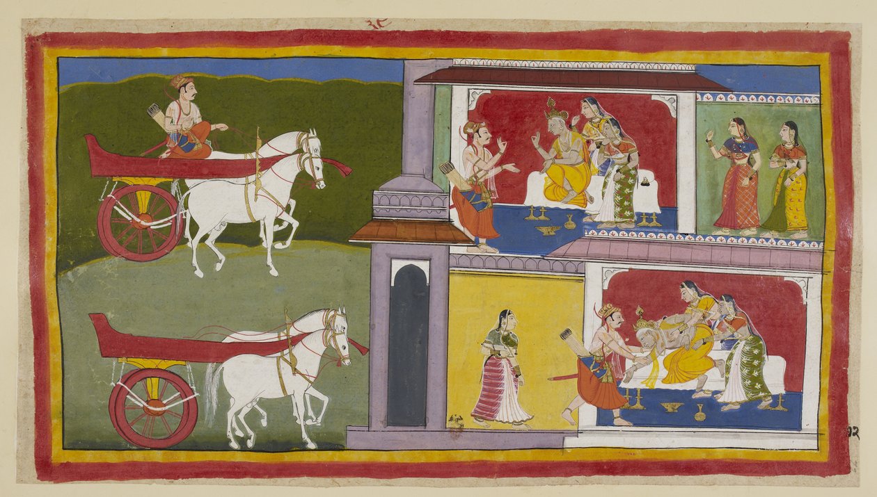 追加 15296 (1) f.72r、左側で、スマントラはアヨーディヤーに戻り、王にラーマの最後のメッセージを伝えるために宮殿に入ります。王は、カウサリヤとスミトラが彼のそばに座っています。 王は気絶し、スマントラと女王に捕まります。 作： インドの学校