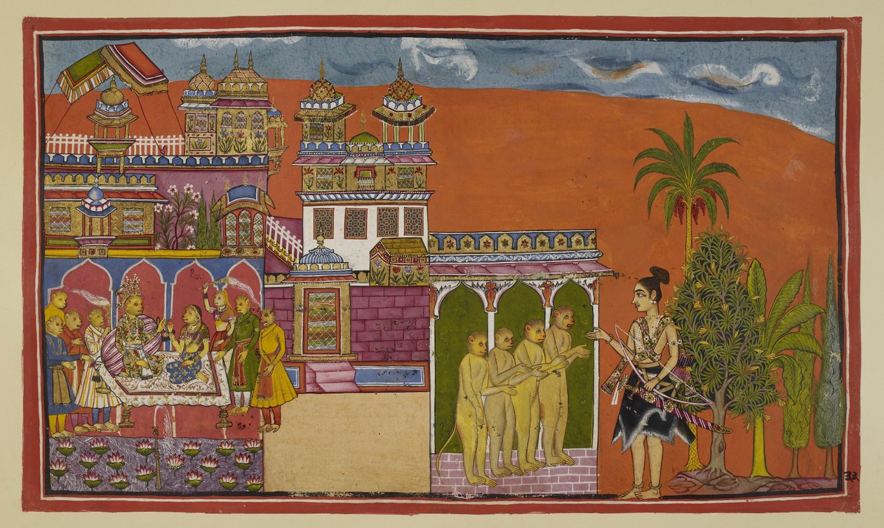 追加 15296 (2) f.33r、怒り狂ったラクシュマナがキスキンダの門に到着し、そこでバーリの息子であるアンガダや他の猿に迎えられる。 宮殿内では、王冠をかぶったスグリーヴァが、賢者のタラーラーと共にソファに座って、スローからゆっくりと回されます。 作： インドの学校