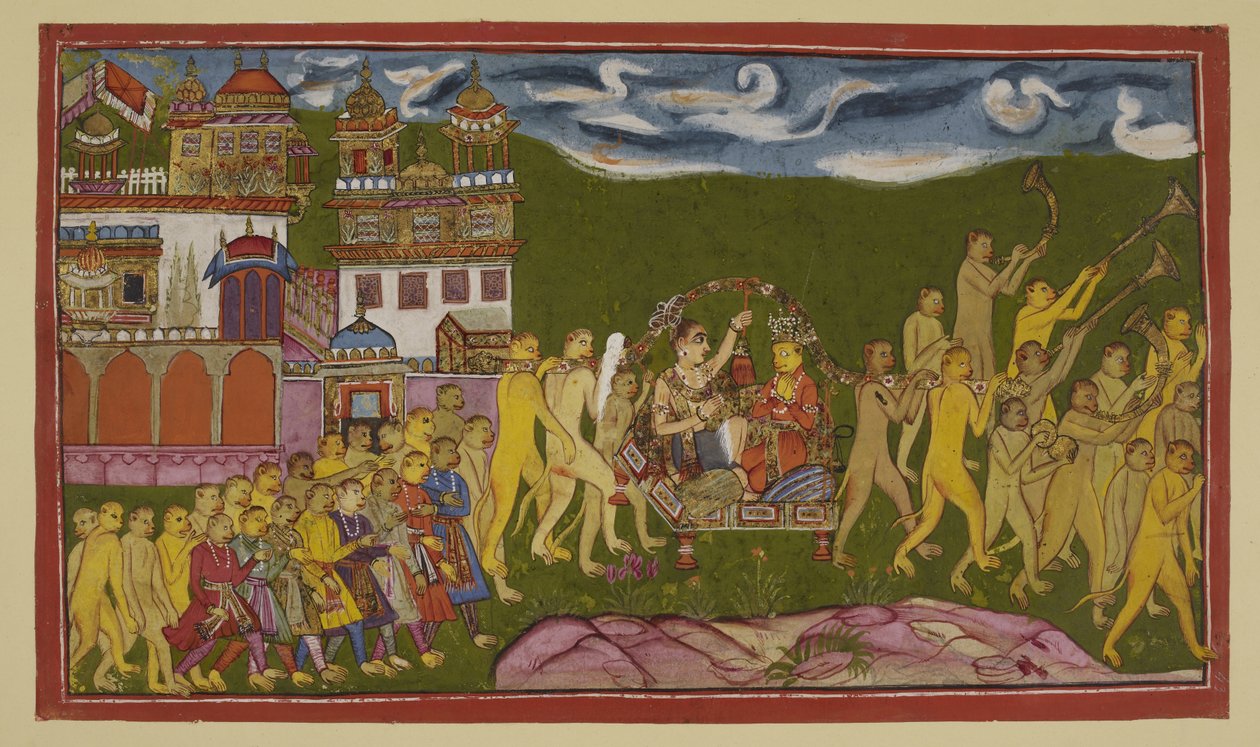 追加 15296 (2) f.43r、Sugriva と Laksmana は、Kiskindha からサルによって運ばれる金色のごみで運ばれます。 作： インドの学校