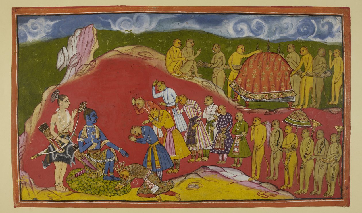 Add 15296 (2) f.44r. ラーマは洞窟の蓮の花びらの椅子に座り、ラクシュマナは彼のそばに立ち、スグリーヴァが連れてきたサルの大群を見て大喜びしている。 スグリーヴァはラーマの足元に倒れ、猿の牧師たちも敬意を表します 作： インドの学校