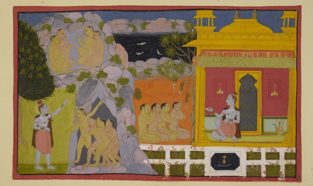 追加 15296 (2) f.64r、サルはスヴァヤンプラバーに行方不明のシーターを探していることを話し、彼女は洞窟の謎と、どのようにしてその素晴らしい場所に住むようになったかを彼らに話しました。 サルは、自分の行動を遅らせると、スグリーバの怒りを恐れます。 作： インドの学校