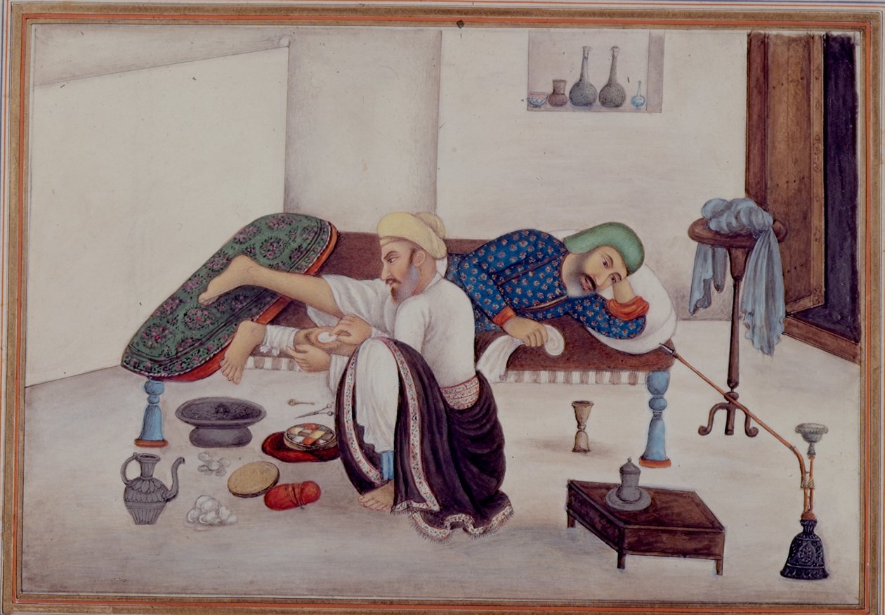 Add 27255 fol.219v A Surgeon with a Patient, ジェームズ スキナー大佐 (1778-1841) 1825 年に編集された「Tashrih al-aqvam」より (紙にグワッシュ) 作： インドの学校