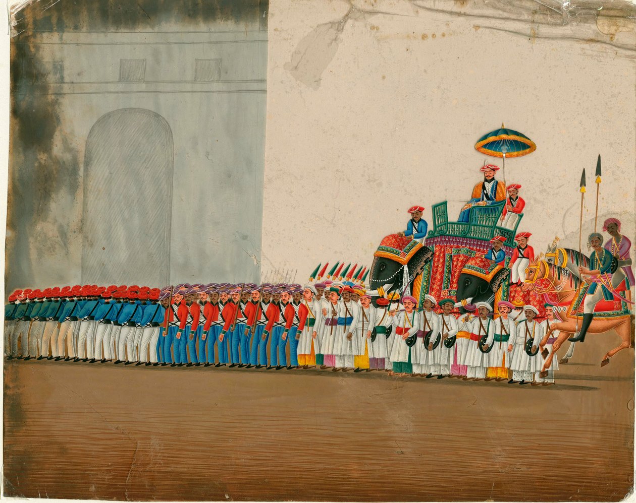 Art indien : le sultan sur son elephant （象に乗ったスルタン） 1800年頃 グアッシュ Dim 18,6x23,5 cm プライベート・コレクション 作： インドの学校