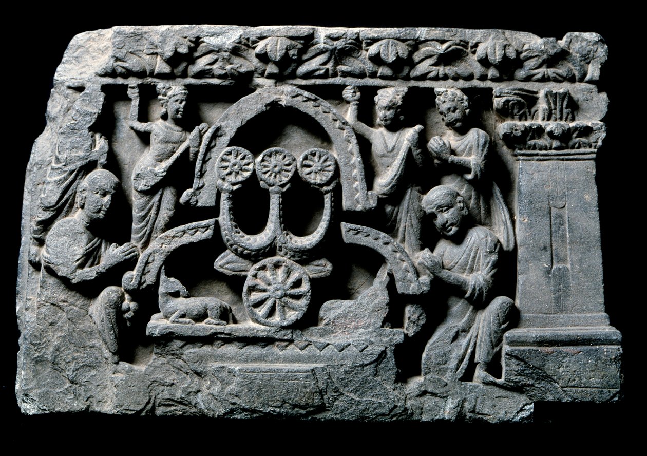 ガンダーラ（またはグレコ・ブッディズム）の芸術。"Buddha in prayer" the miracle Sravasti (Shravasti or Savatthi) (祈りの仏陀、Sravastiの奇跡) ガンダーラ派のレリーフ - 2～4世紀 - インド博物館、カルカッタ 作： インドの学校