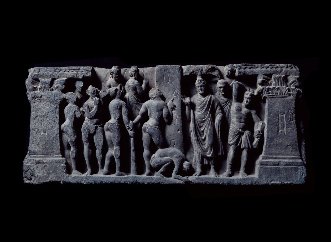 ガンダーラ（またはグレコ・ブッダ）の芸術。"Devadatta archers attack Gautama" (デーヴァダッタの弓使いがゴータマ仏を攻撃する) ガンダーラ派のレリーフ - 2～4世紀 - インド博物館、カルカッタ・インド 作： インドの学校