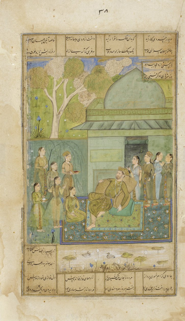 グリーンパビリオンのバーラムグル、1690年頃（不透明なトイレと紙に金色） 作： インドの学校