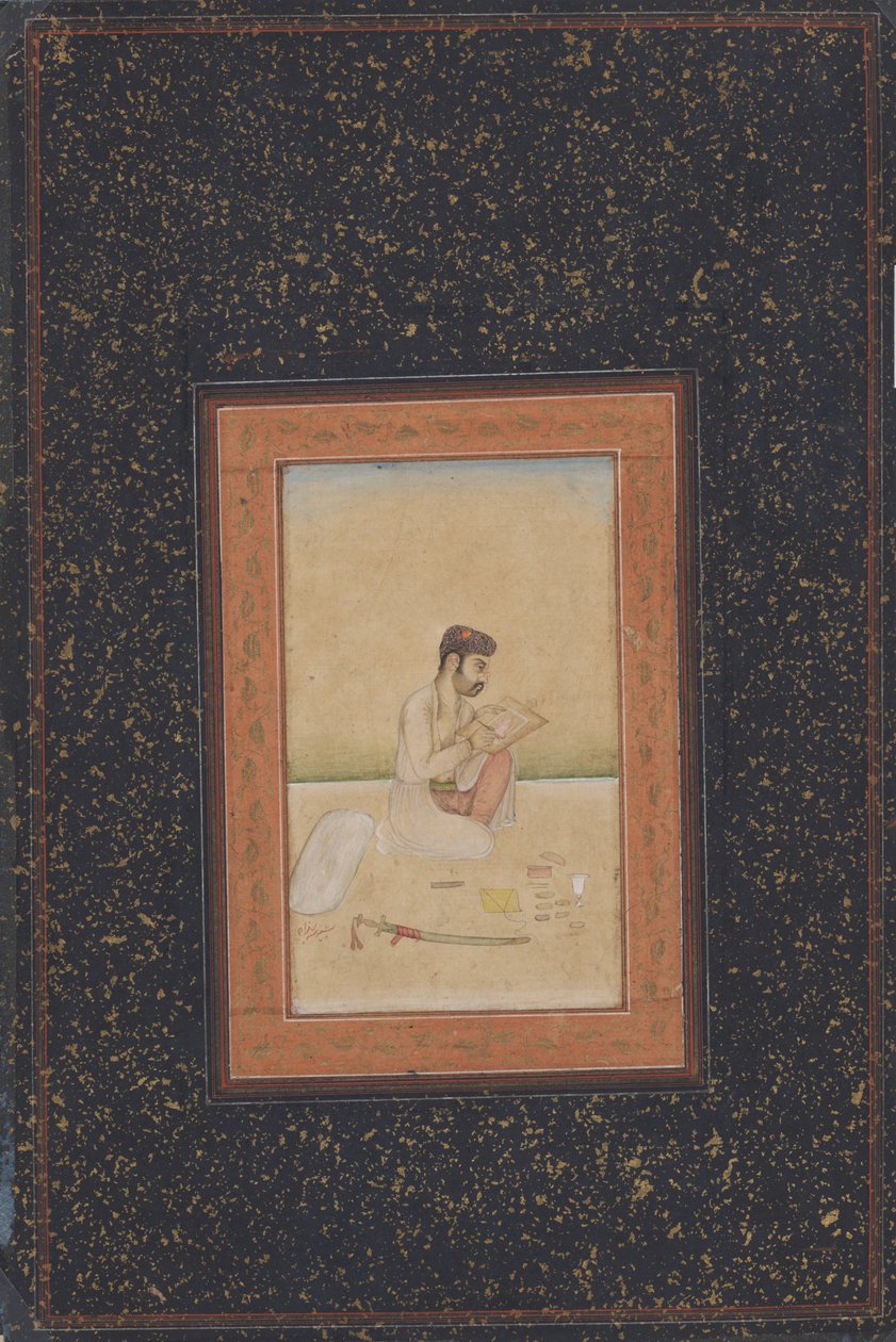 眼鏡をかけた画家Behzad（紙にインク、カラー、ゴールド） 作： インドの学校