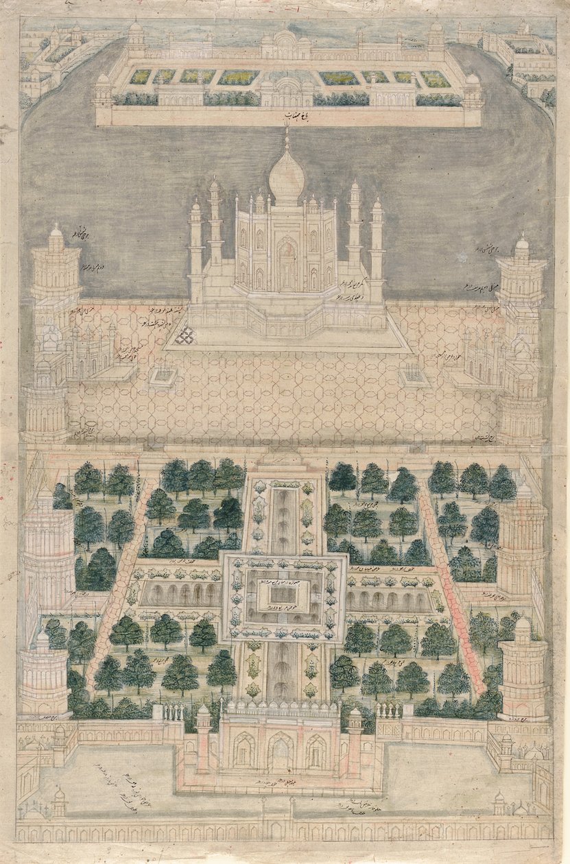 1790〜1810年のアグラでのタージマハルの鳥瞰図 作： インドの学校