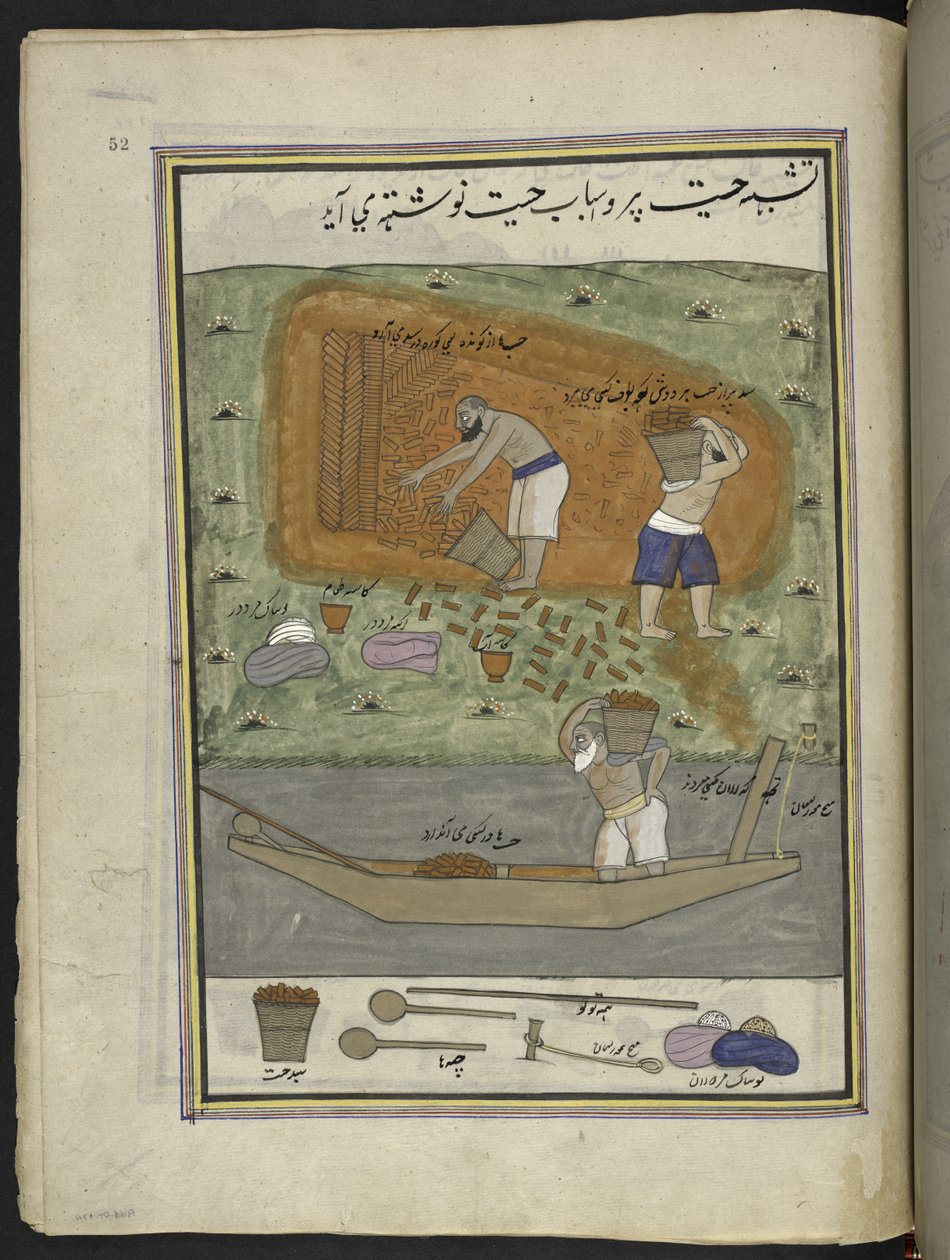 Ziegelmacher mit Brennofen und Boot zum Transportieren von Ziegeln, 86 Zeichnungen in einem Band, der Handwerke und Berufe in Kaschmir darstellt, Handwerker werden bei der Arbeit mit ihren Werkzeugen und Geräten gezeigt, von einem Kaschmir-Künstler, wahrsc von Indian School