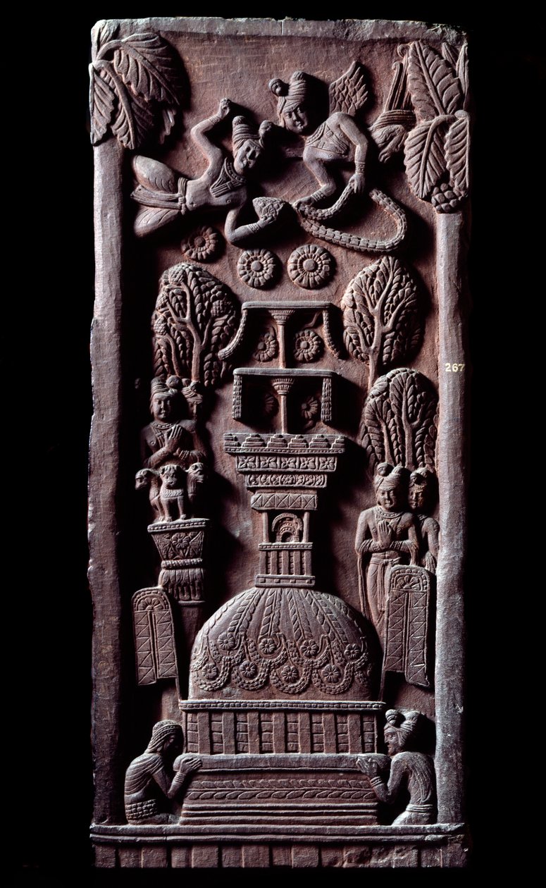 仏教では"Mahaparinirva a ou parinirvana, end of the earthly existence of the Buddha, reaching the nirvana" (Parinirvana, final nirvana, which which is performed by the death of Buddha) detail du stupa de Bharhut (Barhut, Barouth) 黒のローレリーフ 作： インドの学校