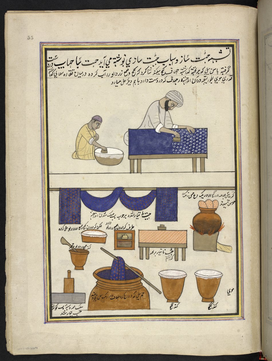 Stoffdrucker mit Handblock und Färber, 86 Zeichnungen in einem Band, die Berufe und Tätigkeiten in Kaschmir darstellen, Handwerker bei der Arbeit mit ihren Werkzeugen und Geräten, von einem Kaschmir-Künstler, wahrscheinlich in Srinagar, ca. 1850-60 von Indian School