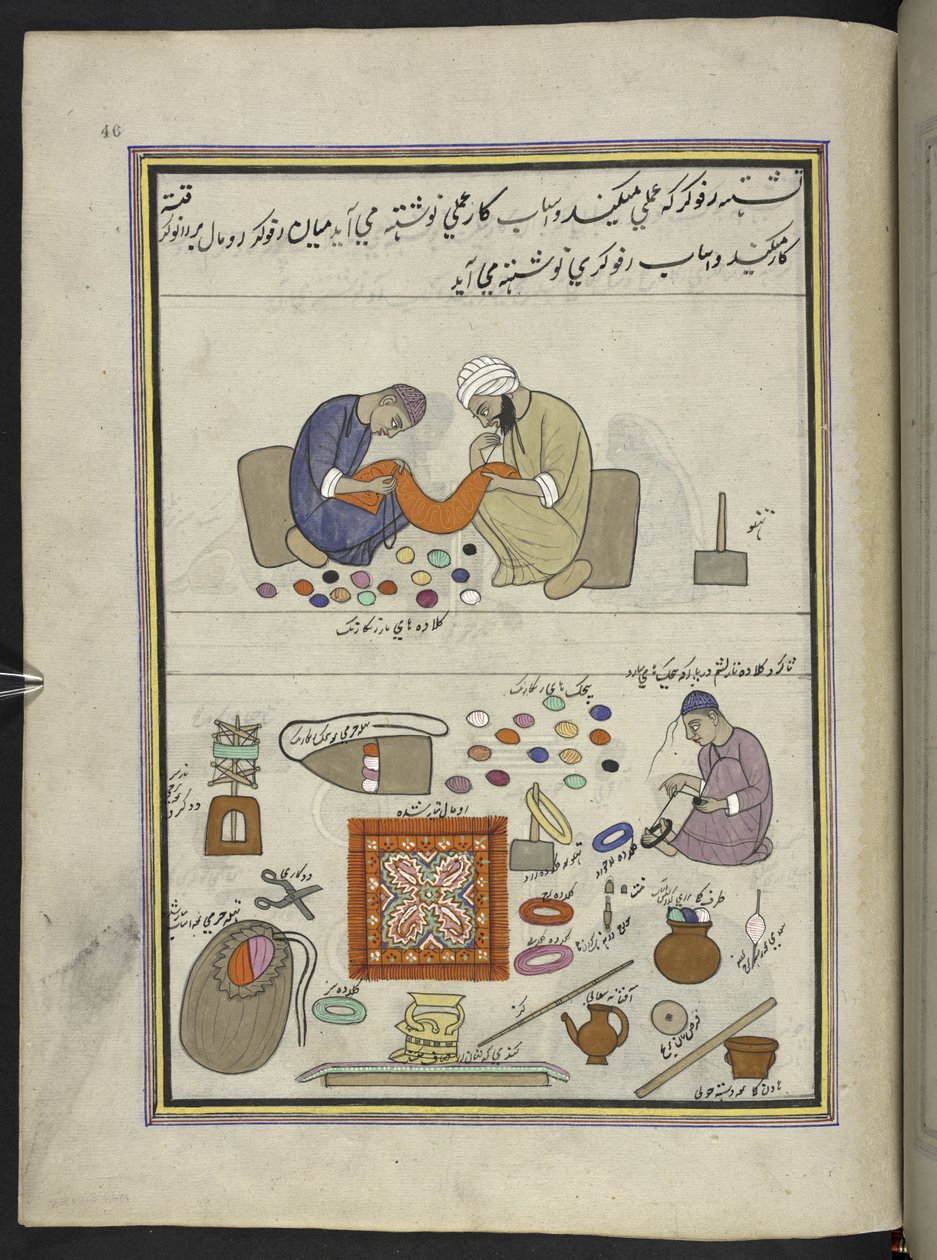 粗い刺しゅう師; ショールピースをつなぎ合わせたり、糸をボールに巻いたり、  カシミールでの取引と職業を描いた 86 枚の図面が綴じられており、職人が道具や設備を使って仕事をしている様子が示されています。  カシミールのアーティストによる、 作： インドの学校