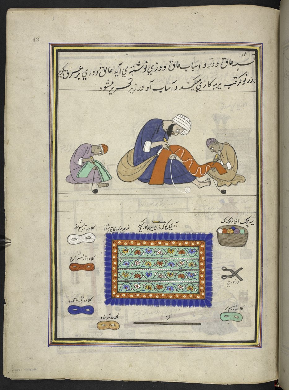 Handwerker, die Filzteppiche (Namda) besticken, 86 Zeichnungen in einem Band, der Berufe und Tätigkeiten in Kaschmir darstellt, Handwerker bei der Arbeit mit ihren Werkzeugen und Geräten, von einem Kaschmir-Künstler, wahrscheinlich in Srinagar, um 1850-60 von Indian School