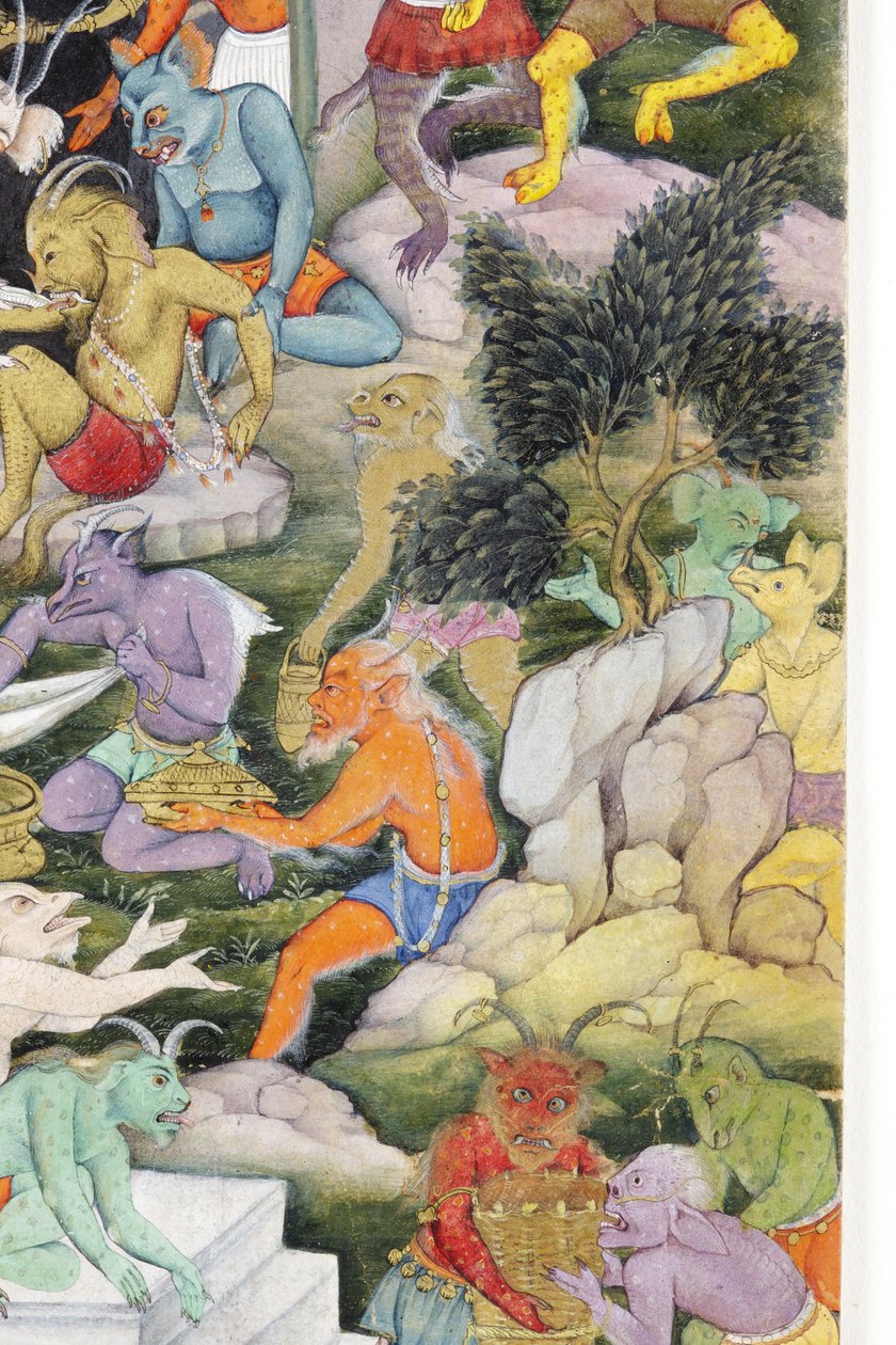 野生の風景の中の悪魔の詳細、1600年頃（紙に不透明なトイレと金） 作： インドの学校