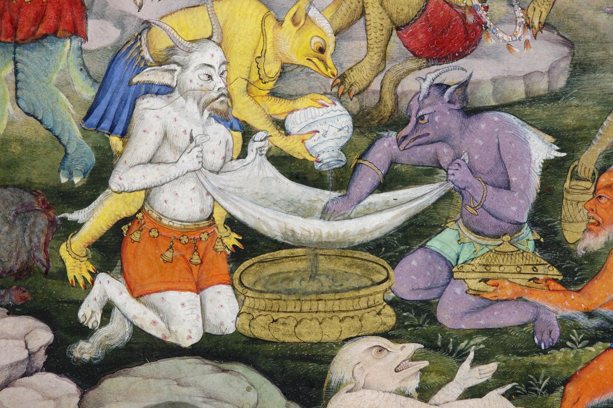 野生の風景の中の悪魔の詳細、1600年頃（紙に不透明なトイレと金） 作： インドの学校