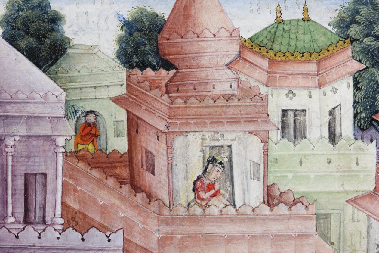 クリシュナからの詳細は、彼の円盤投げでデーモンNarakasuraを切り裂きます。1585-90年頃（紙に不透明なトイレとゴールド） 作： インドの学校