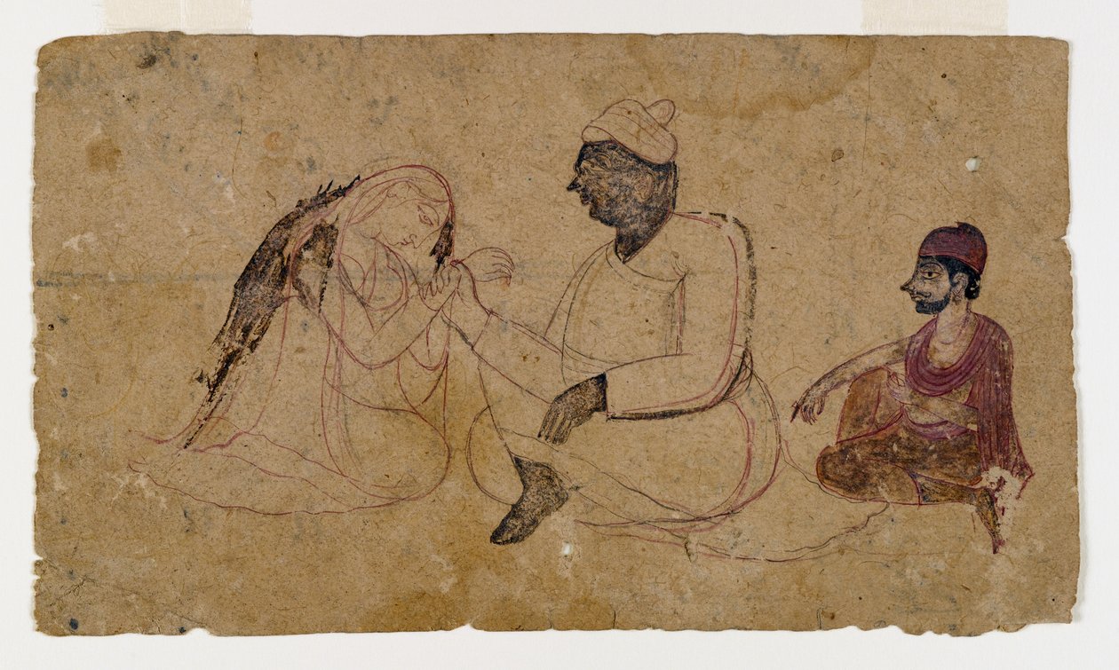 着席した3人の人物の絵、1750年頃（紙にインクと色） 作： インドの学校